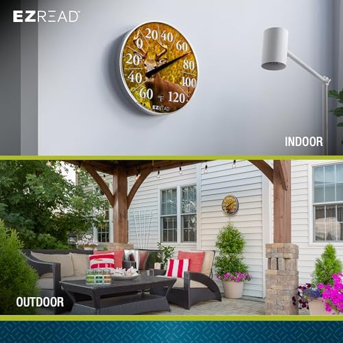 EZREAD Hanging Dial Thermometer 840-1217 Weather Thermometers for Indoor and Outdoor Use, Large 12.5 Inch Diameter, Easy to Read Numbers, Buck