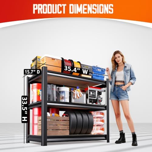 Set of 3 Garage Shelving,3 Tier Garage Storage Shelves,Adjustable Heavy Duty Metal Shelving Units and Storage Large Rack,Utility Steel Shelf For Shop Warehouse Industrial Pantry Basement 33"x35"x16"