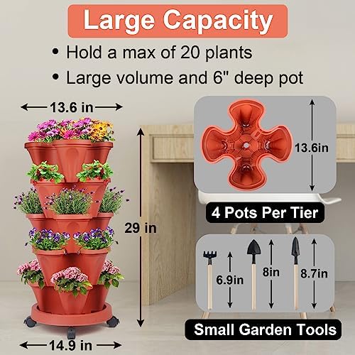 DUNCHATY 5 Tier Plant Pot, Vertical Garden Planter, Strawberry Planter, Indoor/Outdoor Planters, 2 Set, Brick Red, 29 x 13.6 x 13.6 inches