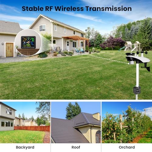 Home Weather Station with Rain Gauge and Wind Speed, Wireless Indoor Outdoor, Monitors Temperature, Humidity, Rainfall, Forecast, Moon Phase, and Alarm Clock for Garden Farm (No WiFi)