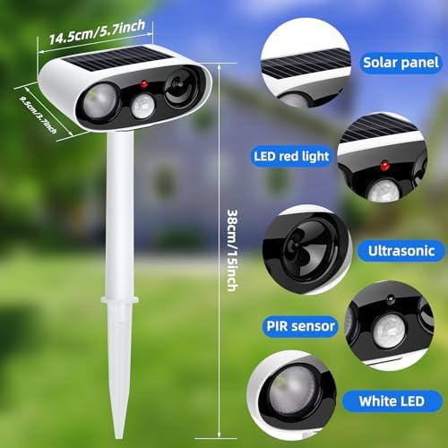 4Pack Solar Animal Repellent Outdoor,Ultrasonic Animal Deterrent with Flash Light,Waterproof Ultrasonic Deer Repeller&Cat Repellent Devices for Garden Yard,Control Rabbit Raccoon Dog Squirrel