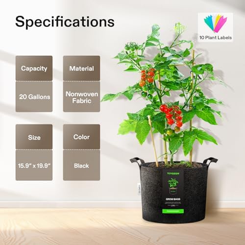 VIVOSUN 10-Pack 20 Gallon Plant Grow Bags, Heavy Duty Thickened Nonwoven Fabric Pots with Handles