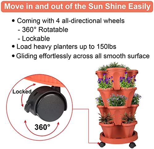 GameXcel Vertical Planter Tower - 4 Tier Stackable Garden Planters with Wheels and Tools Plant Pots for Strawberry Herb Flower and Vegetable Indoor Outdoor Use Red
