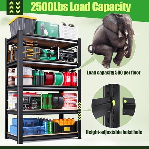 Garage Shelving,Heavy Duty Garage Storage Shelves,Metal Shelving Unit,5 Tier Adjustable Steel Utility Shelf,Use for Basement,Warehouse, Pantry Closet,Black (72" H*35.4" W*15.7" D)