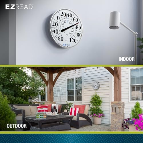 EZREAD Hanging Dial Thermometer 840-1210 Weather Thermometers for Indoor and Outdoor Use, Large 12.5 Inch Diameter, Easy to Read Numbers, Basic White