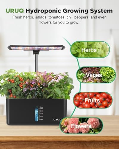 URUQ 8 Pods Hydroponics Growing System with LED Grow Light - Black