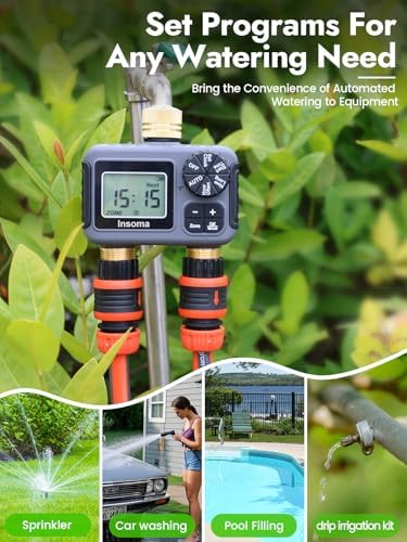 Insoma 2-Zone Water Timer Brass Inlet/Outlet, Programmable Outdoor Hose Faucet Timers with Auto/Manual Modes + Rain Delay, Waterproof Sprinkler Timer for Garden, Lawn, Yard, Pool | Save Water & Money