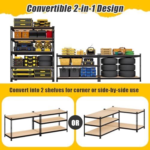 71" H x 35.5" W x 16" D 5-Tier Metal Storage Shelves: Heavy Duty Garage Shelving Adjustable Shelves for Storage - Black Utility Rack Shelf for Pantry, Warehouse, Office, Kitchen, 2PCS