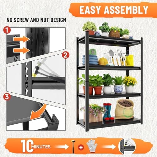 54''H Metal Garage Shelving, 4-Tier Heavy Duty Shelving Unit, Adjustable Garage Storage Shelves, Utility Rack Shelf for Industries, Warehouses, Basement (Black, 54''H*16''W*10''D, 4 Tier)