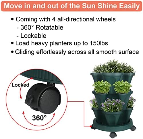 GameXcel Vertical Planter Tower - 3 Tier Stackable Garden Planters with Wheels and Tools Plant Pots for Strawberry Herb Flower and Vegetable Indoor Outdoor Use Green 2 Pack