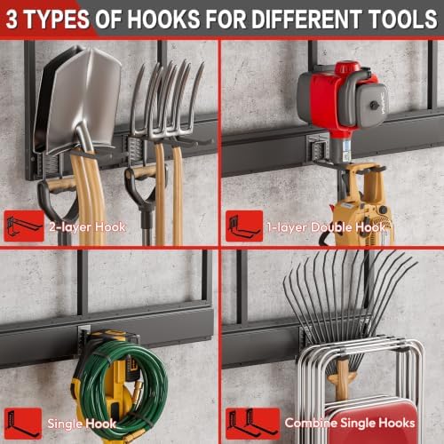 Garage Wall Organizer with Storage Shelves, 32" Garden Tool Organizer with Shelving Units and Hooks Hangers, Heavy Duty Metal Shelf with Shovel Rake Holder, Garage Organization Rack for Yard Shed Lawn
