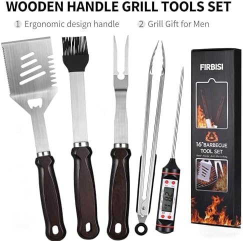 Grilling Accessories - 16 Inch Extra Long BBQ Accessories Grill Gifts for Men, Barbecue Grilling Tools Utensils Set with Spatula, Fork, Brush, Tongs, Thermometer