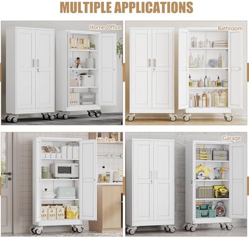 61" H Metal Pantry Storage Locker Cabinet with Wheels,Rolling Kitchen Pantry Cabinet with 2 Doors and 3 Adjustable Shelves, Lockable Steel Garage Tool Cabinet Organization for Home,Gym,School,White