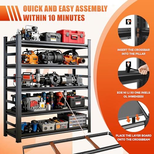 2pack Garage Shelving Heavy Duty Storage Shelves for Garage, 2500 LBS Adjustable 5 Tier Shelving Unit, Metal Garage Shelving for Industrial, Basement, Warehouse (72''Hx36''Wx16''D, Black)