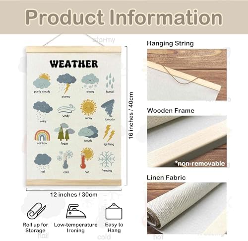 TLESKE Classroom Weather Chart Preschool Poster Hanger Frame, Homeschool Hanging Wall Art Decor for Toddlers Kids Room Nursery Playroom, Prek Learning Educational Poster Print Banner, 12x16