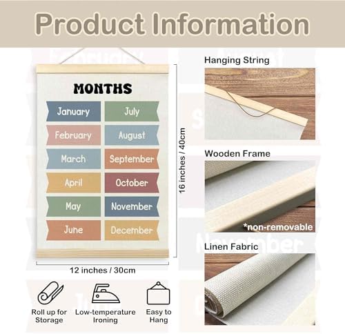 TLESKE Boho Classroom Months of the Year Poster Hanger Frame, Homeschool Hanging Wall Art Decor for Toddler Kids Room Nursery Playroom, Preschool Prek Learning Educational Poster Print Banner, 12x16
