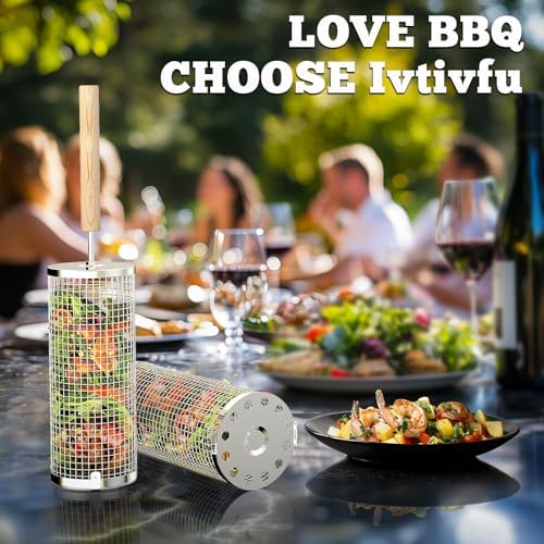 ivtivfu Rolling Grill Basket, Removable Wooden Handle, Nesting BBQ Tools
