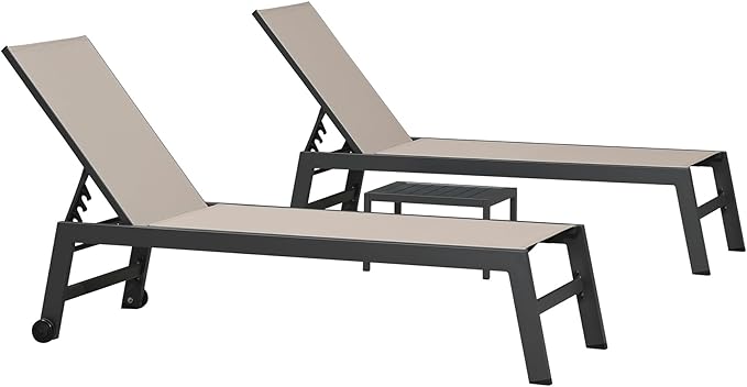 PURPLE LEAF Patio Chaise Lounge Set 2 Pieces Textilene Pool Lounge Chairs with Wheels Sunbathing Chair for Outdoor Yard (2 Taupe Lounges W/Side Table)