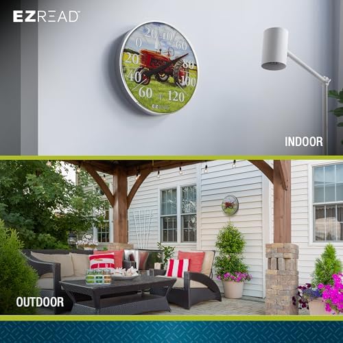 EZREAD Hanging Dial Thermometer 840-1234 Weather Thermometers for Indoor and Outdoor Use, Large 12.5 Inch Diameter, Easy to Read Numbers, Red Tractor