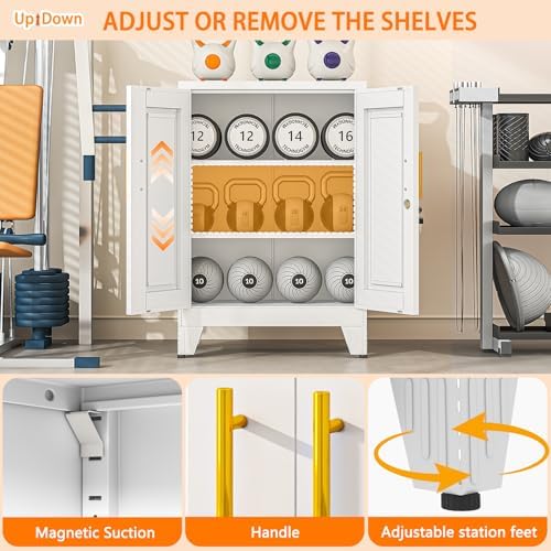 Small Metal Storage Cabinet, Lockable Tool Cabinet with Doors and 2 Shelves