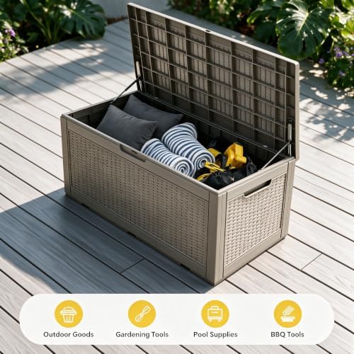 120 Gallon Deck Box,Lockable Outdoor Storage Box Gas Lift,Waterproof Grey