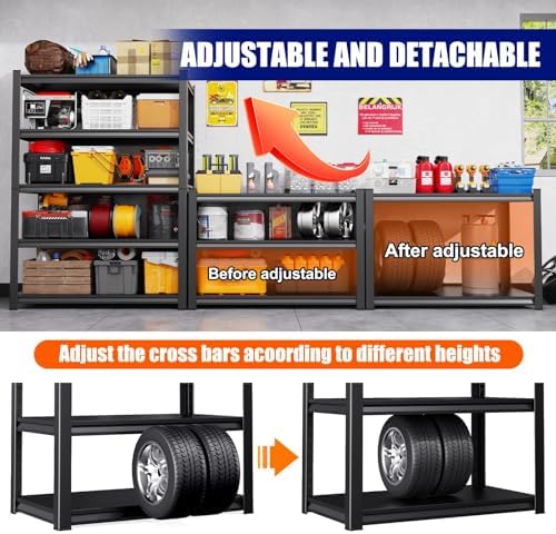 Set of 5 Garage Shelving Heavy Duty Storage Shelves, Metal Adjustable Shelving Unit, Utility Garage Organizer Shelf for Basement, Pantry, Kitchen, Warehouse, 20" D x 46" W x 71.2" H, Black
