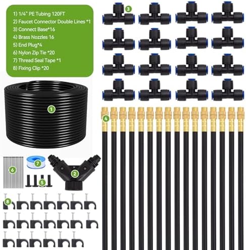 Drip Irrigation System Kit with 16 Pcs Adjustable Brass Nozzles & Bendable Spay Arm,120ft Garden Watering Misting System for Outdoor Raised Bed, Potted Plant, Yard, Greenhouse