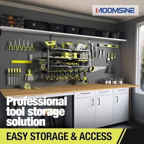 MOOMSINE 4 Layer Power Tool Organizer Wall Mount, Battery Tools Holder with Charging Station Shelf, Cordless Drill Hanger Storage Rack for Garage Organization, Workshop, Pegboard - 32 Inch 8 Slots