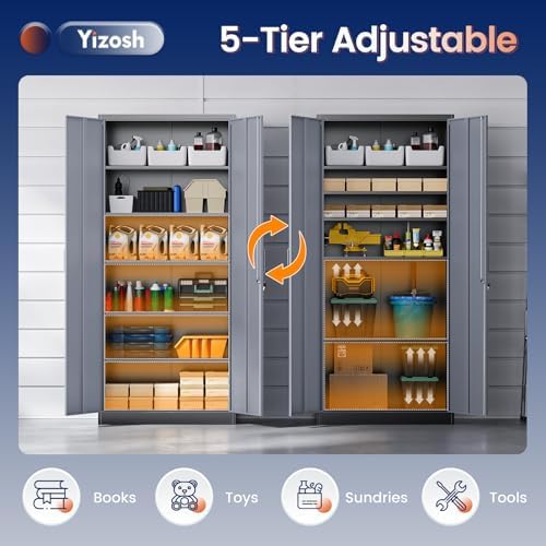 Yizosh Metal Garage Storage Cabinet with 2 Doors and 5 Adjustable Shelves - 71" Steel Lockable File Cabinet,Locking Tool Cabinets for Office,Home,Garage,Gym,School (Gray Black)