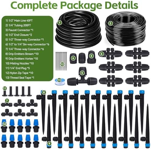 Inntop 240FT Drip Irrigation System Kits, Quick Connect Automatic Garden Watering System for Raised Bed, Potted Plants, Lawn, Greenhouse with 1/2 inch Hose 1/4 inch Tubing and Accessories
