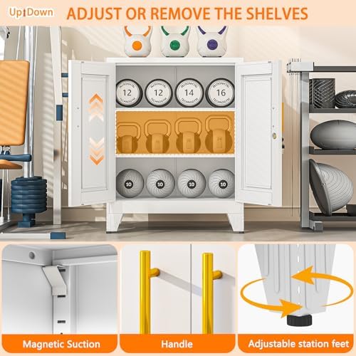 Small Metal Storage Cabinet, Lockable Tool Cabinet with Doors and 2 Shelves