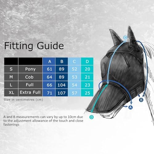 Harrison Howard CareMaster Pro Luminous Horse Fly Mask Large Eye Space Long Nose with Ears UV Protection for Horse Signature Blue Medium Cob