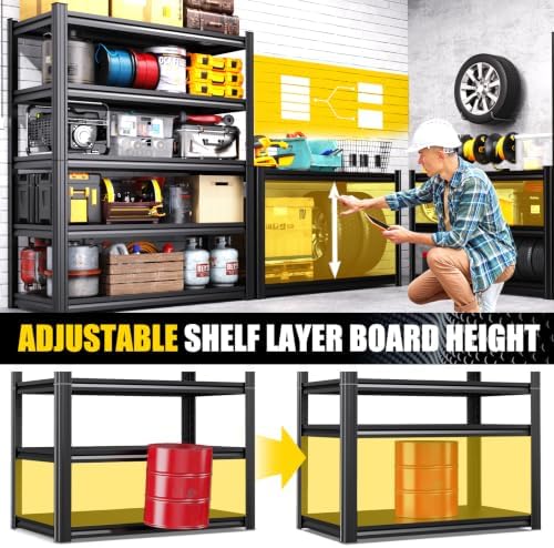 Set of 6 Heavy Duty Garage Shelving Unit, 71.2" H x 35.4" W x 16" D, 5-Tier Adjustable Storage Shelves for Garage Storage, Standing Shelf Unit & Shelves Organizer for Home, Warehouse, Workshop