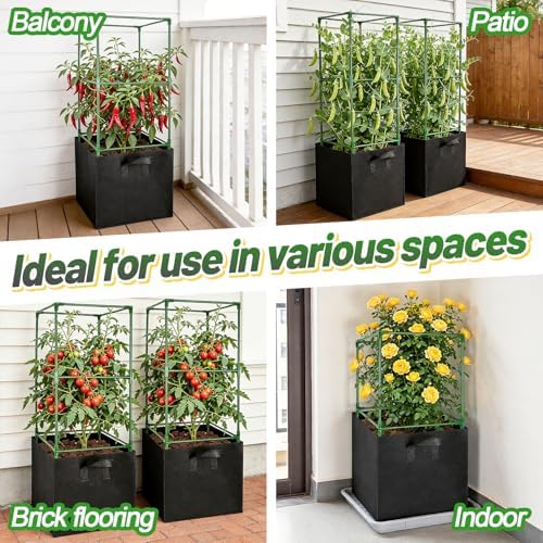 ANPHSIN Sturdy Square Tomato Cage with Movable 17 Gal Grow Bags, 3 Sets
