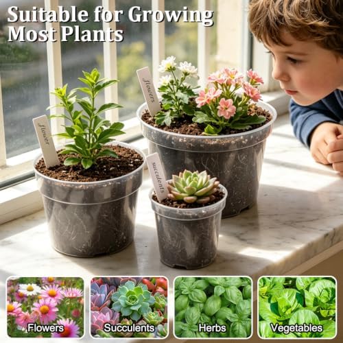 RooTrimmer 15 Pack 8/6/4 Inch Clear Nursery Pots with Drainage Hole, Transparent Plastic Plant pots, Sturdy Planting Starter Pots for Seedlings Herbs Flowers Vegetable (Clear-15P)