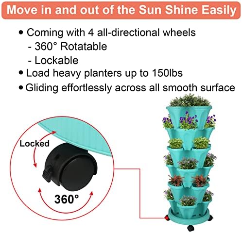 GameXcel Vertical Planter Tower - 6 Tier Stackable Garden Planters with Wheels and Tools Plant Pots for Strawberry Herb Flower and Vegetable Indoor Outdoor Use Teal 2 Pack