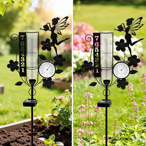 Metal Fairy Number Solar Rain Gauge Outdoor with LED Light and Thermometer