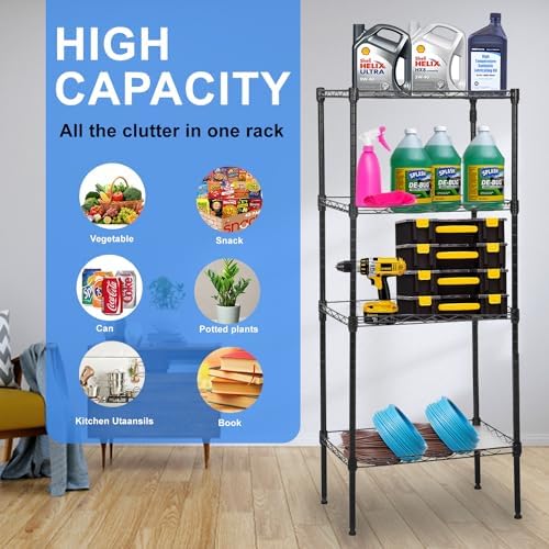 PayLessHere | 4-Tier Wire Shelf | 18"x12"x44" | Black | Adjustable Racks | Heavy-Duty Storage Shelves, Holds Upto 600 lbs | Rust-Resistant, No-Tool Assembly | for Home, Garage Shelving