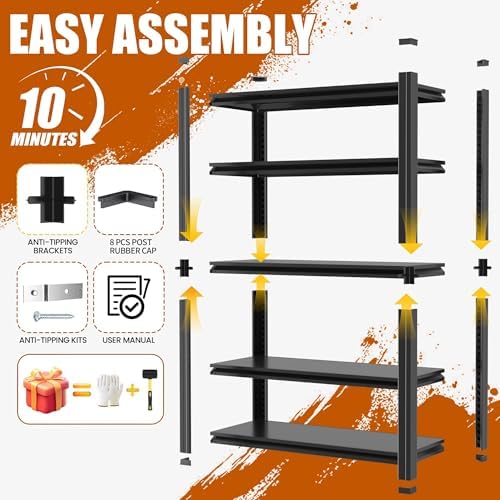 45" W Garage Shelving 4-Tier Heavy Duty Storage Shelves, Adjustable Metal Shelf Unit, Utility Organizer Rack for Basement, Pantry, Kitchen, Warehouse,45" Wx16 Dx63 H, Black