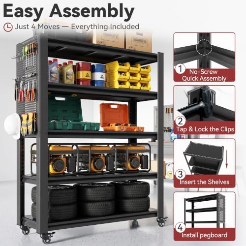 78" H x 47.2" W x 18" D Garage Storage Shelves with Wheels and Pegboard