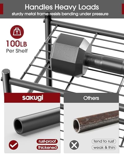 Sakugi 5-Tier Storage Rack Organizer with Hooks, Heavy Duty Metal Garage Rack with Leveling Feet, Freestanding Utility Rack for Bedroom, Balcony and Garage, 18.1"×12.4"×56.8", Black