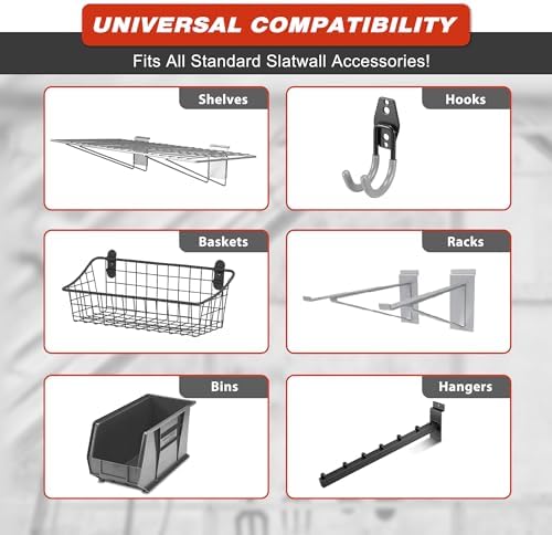 Slatwall Panel Garage Wall Organizer Storage Systems, Wall Mounted PVC Storage Rack with 10 Hooks, Interlocking Workshop Slat Wall Paneling Sheets Board Shelves Tools Organization-Grey (4’H x 4’W)