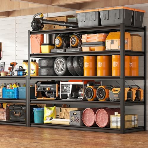REIBII Garage Shelving 48.2" W Storage Shelves 3000LBS Metal Shelving Heavy Duty Adjustable Metal Shelf 5 Tier Pantry Shelves for Basement Warehouse Supermarket 72.2" H x 24.2" D x 48.2" W, 4 Pac