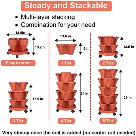 GameXcel Vertical Planter Tower - 5 Tier Stackable Garden Planters with Wheels and Tools Plant Pots for Strawberry Herb Flower and Vegetable Indoor Outdoor Use Red 2 Pack