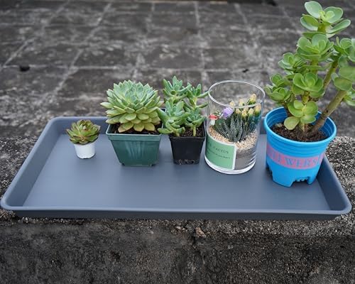 VUWEZ 4 Pack Plant Saucer Tray Rectangular, Plant Saucers for Indoors, Heavy Sturdy Plastic Plant Drainage Trays, Plant Drip Trays for Pots, Seed Starter Growing Tray (11 x 9 inch, Gray)