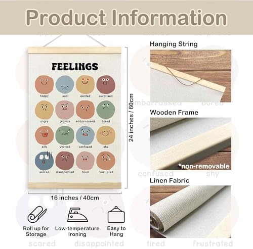 TLESKE Boho Classroom Feelings Emotions Chart Poster Hanger Frame for Toddlers Kids, Homeschool Hanging Wall Art Room Decor for Nursery Playroom, Preschool Prek Learning Educational Poster, 16x24