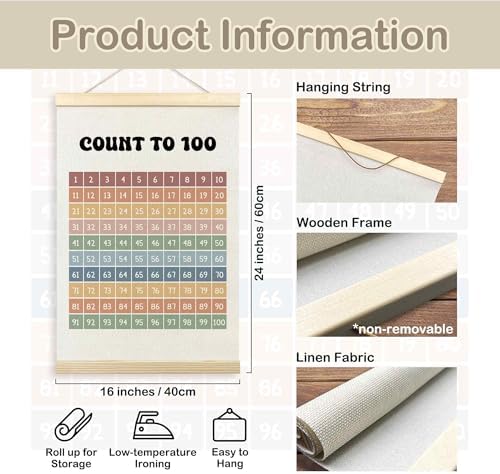 TLESKE Boho Classroom 1-100 Number Hundreds Chart Poster Hanger Frame, Homeschool Hanging Wall Art Decor for Toddlers Kids Room Nursery Playroom, Preschool Prek Learning Educational Poster, 16x24