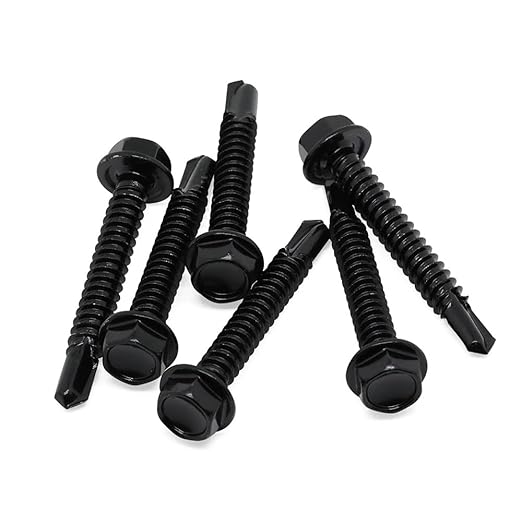 MewuDecor #8 x 3/4" Hex Washer Head Self Tapping Sheet Metal Screws with Drill Point, Stainless Steel 410, Self Drilling, Black Oxide, 100 PCS