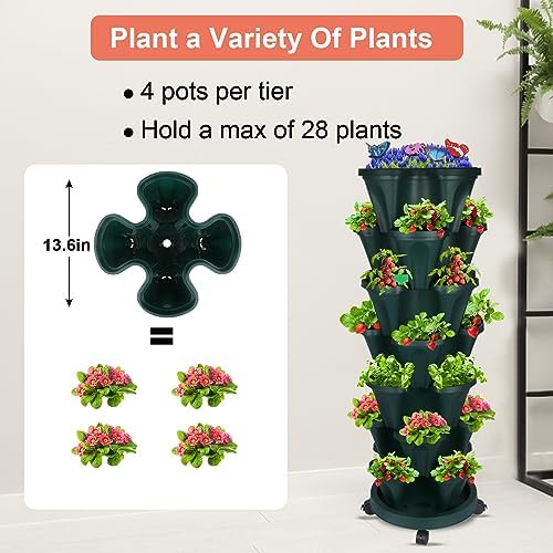GameXcel Vertical Planter Tower - 7 Tier Stackable Garden Planters with Wheels and Garden Tool Set Plant Pots for Strawberry Herb Flower and Vegetable Indoor Outdoor Use Green