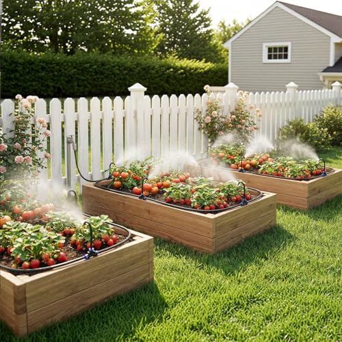 50 FT Drip Irrigation System 5/16 Inch Tubing with 16 Nozzles, Automatic Watering Misting System, Adjustable Sprinkler for Garden, Lawn, Plants, and Raised Bed